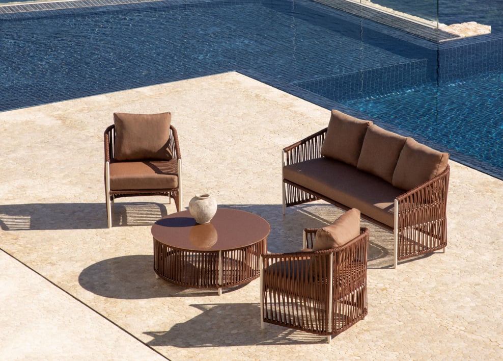 Conjunto de jardín con sofá de 2 plazas, 2 sillones y mesas de centro en aluminio y cuerda trenzada Sophie