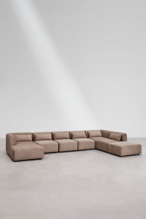 Sofá modular chaise longue izquierdo de 6 piezas con puff Fogler - Pana Marrón Camel