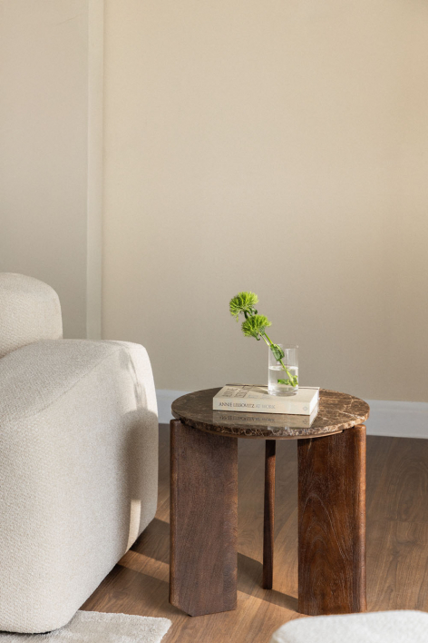 Mesa auxiliar redonda Ø50 cm en piedra natural y madera de mango Lavinia - Mármol Marrón Emperador