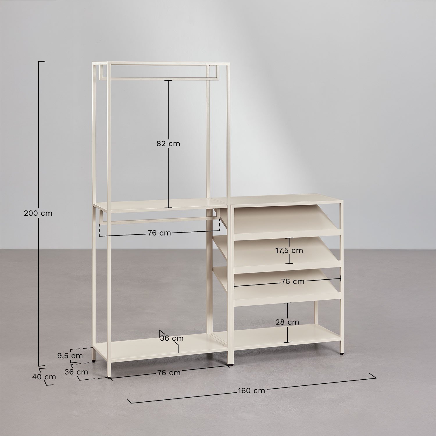 Armario modular abierto de 2 piezas con perchero y zapatero bajo en acero Janine, medidas