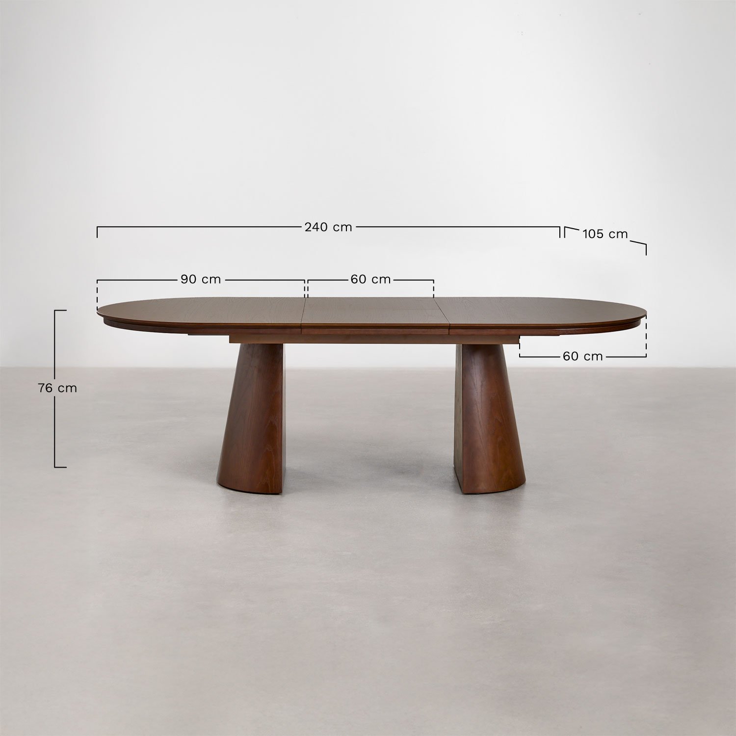 Mesa de comedor ovalada 180-240x105 cm extensible en MDF y chapa de roble Montana, medidas