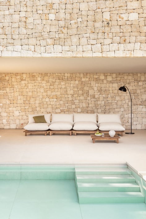 Conjunto de jardín con sofá modular reclinable de jardín de 4 piezas y mesa de centro en madera de acacia Brina