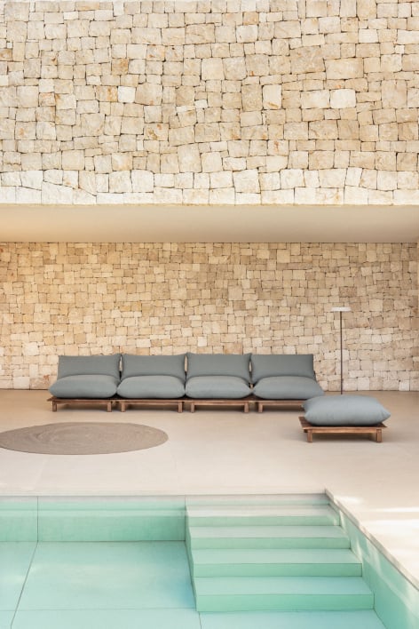 Sofá modular reclinable de jardín de 4 piezas con puff en madera de acacia Brina - Gris Antracita