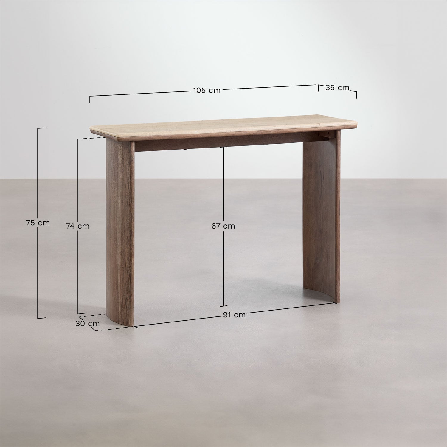 Consola recibidor 105x35 cm en travertino y madera de acacia Casilda , medidas