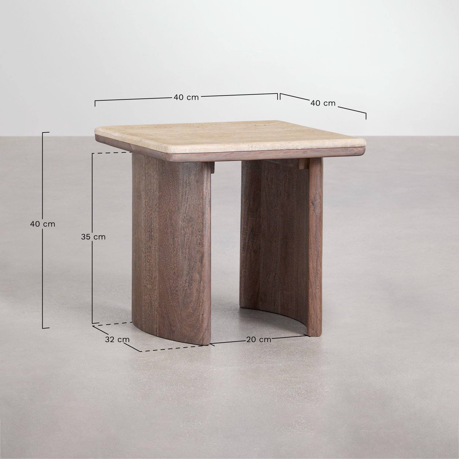 Mesa auxiliar en travertino y madera de acacia Casilda , medidas