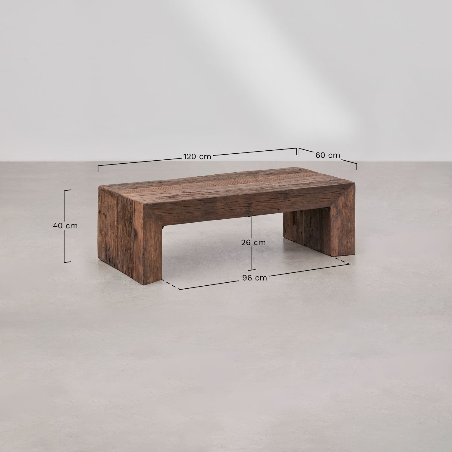 Mesa de centro rectangular 120x60 cm en madera reciclada Juvira, medidas