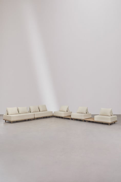 Conjunto de salón con sofá modular rinconera de 5 piezas con mesa auxiliar en acacia Portet