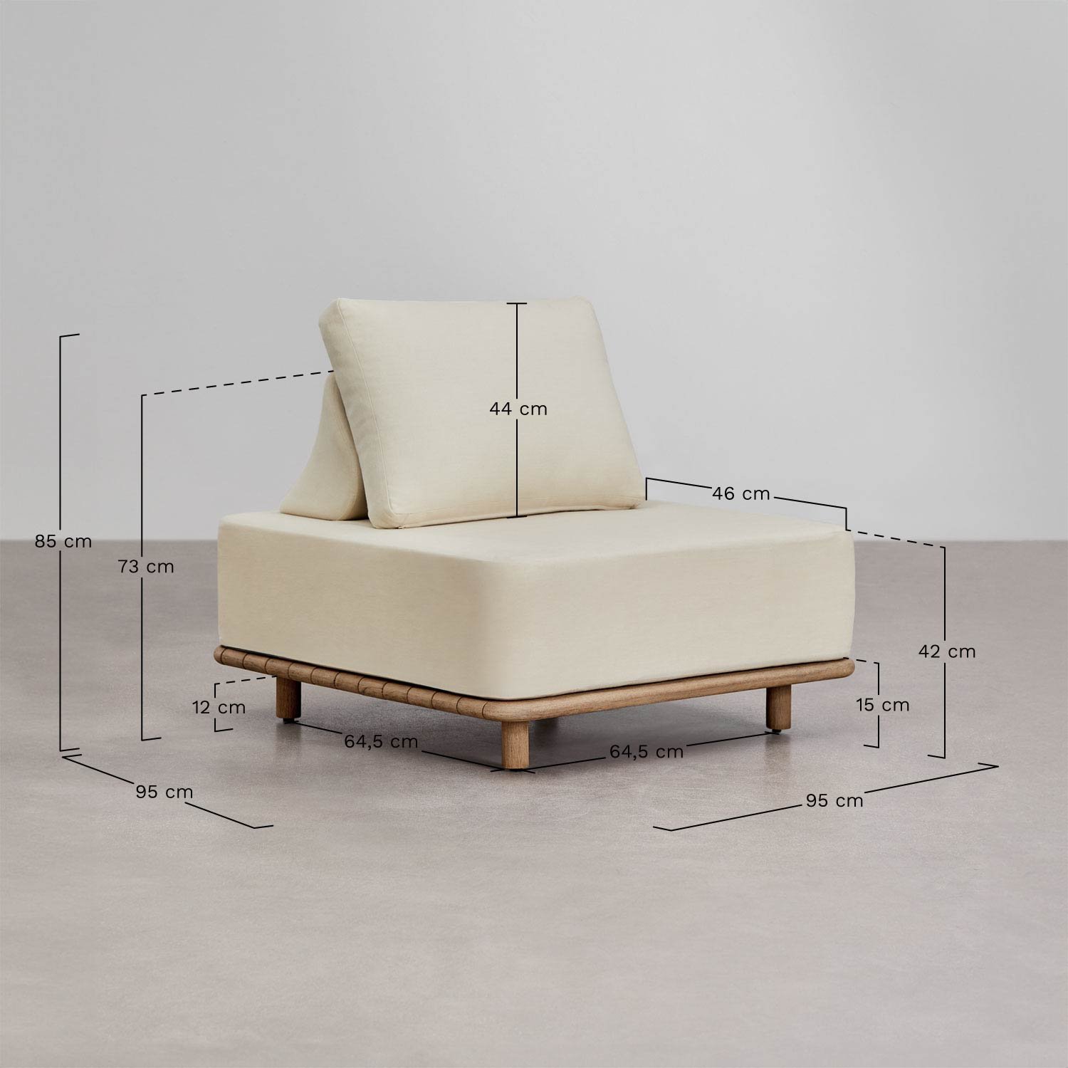 Conjunto de salón con sofá modular rinconera de 5 piezas con mesa auxiliar en acacia Portet, medidas