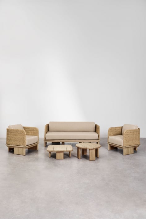 Conjunto de salón con sofá de 3 plazas, 2 sillones y 2 mesas de centro en ratán y madera de acacia Famara