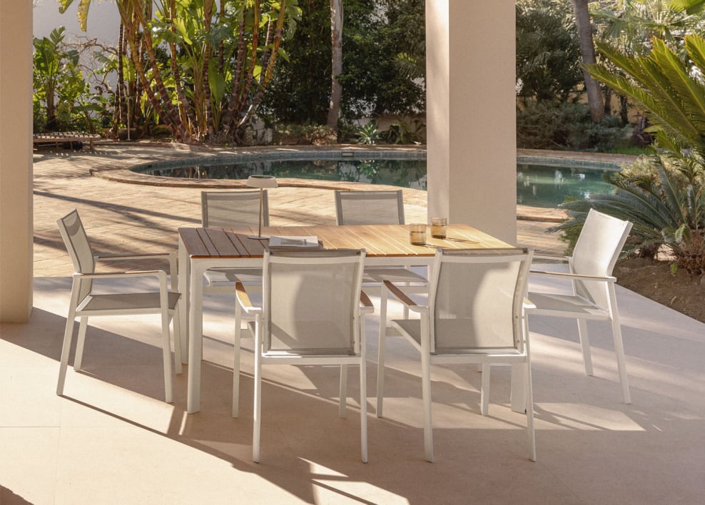 Set de Mesa Rectangular en Aluminio y Madera de Teca (160x90 cm) Katiana y 6 Sillas de Jardín en Aluminio Elvira