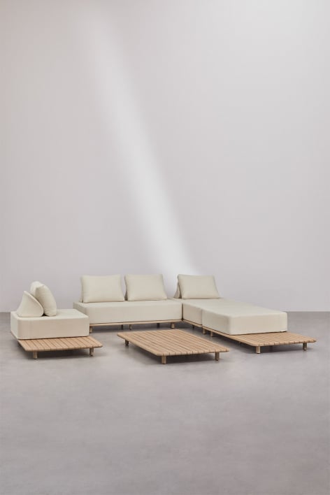 Conjunto de salón con sofá modular chaise longue de 3 piezas, mesa auxiliar, sillón y mesa de centro 160x95 cm en acacia Portet