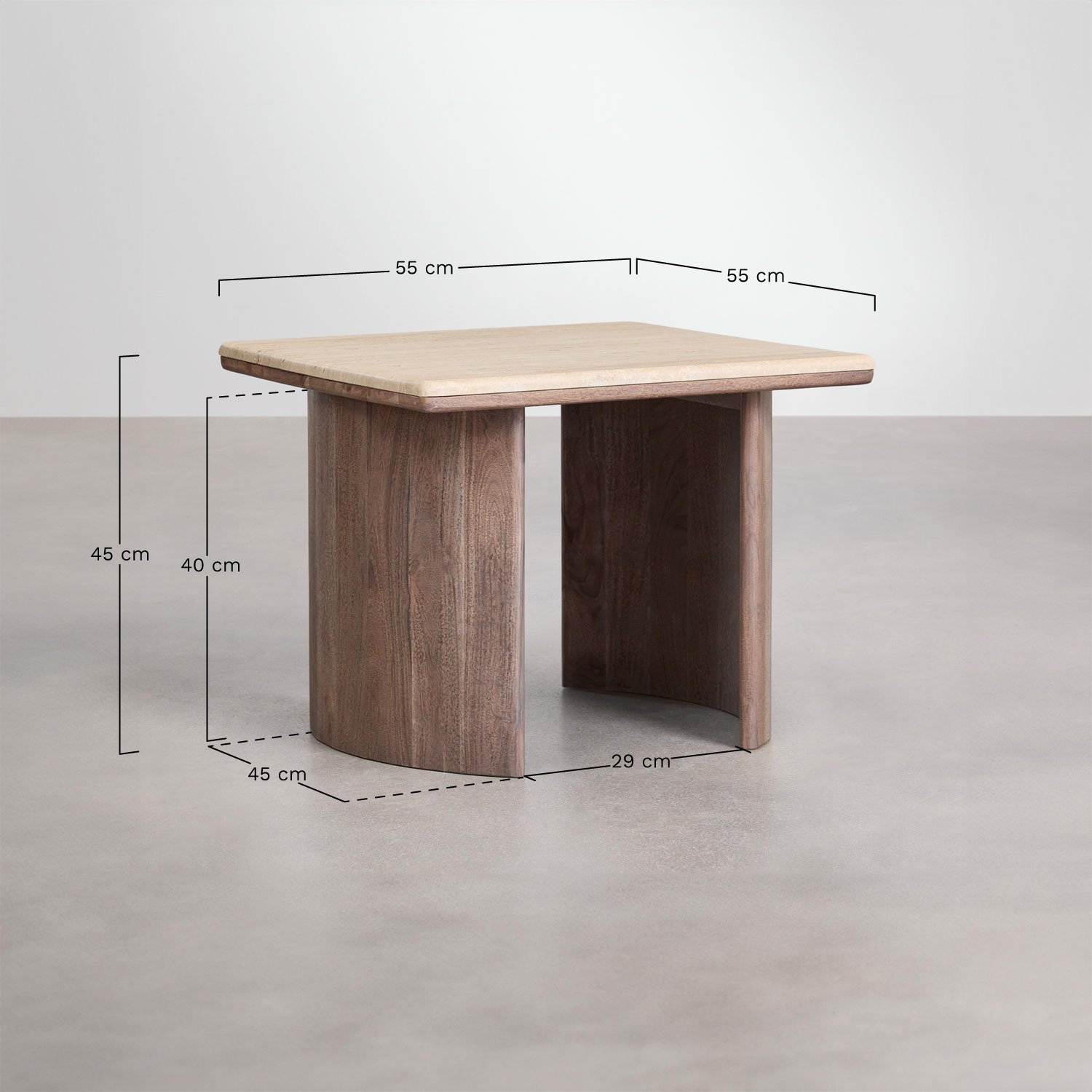 Set de 2 mesas auxiliares cuadradas en travertino y madera de acacia Casilda, medidas