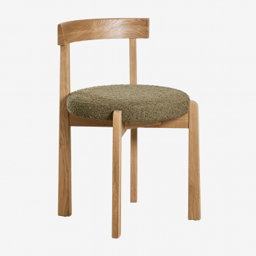 Silla De Comedor En Madera De Roble Y Tapizada Manila Madera Natural & Bouclé Verde Army - Sklum