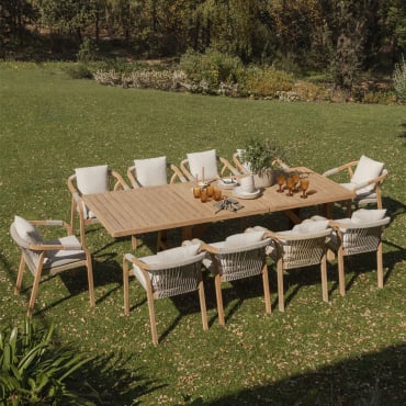 Set De Mesa Rectangular 200-260-320x100 Cm Extensible Y 10 Sillas De Jardín Con Reposabrazos En Madera De Acacia Dubai Marrón - Sklum