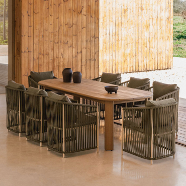 Set De Mesa Rectangular 240x100 Cm En Madera De Acacia Uleno Y 8 Sillas De Jardín En Aluminio Y Cuerda Trenzada Sophie Verde Army Claro - Sklum