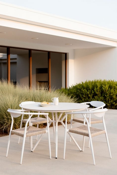 Set de mesa redonda Ø100 cm en aluminio Valerie y 4 sillas de jardín con reposabrazos en aluminio y ratán sintético Marsha