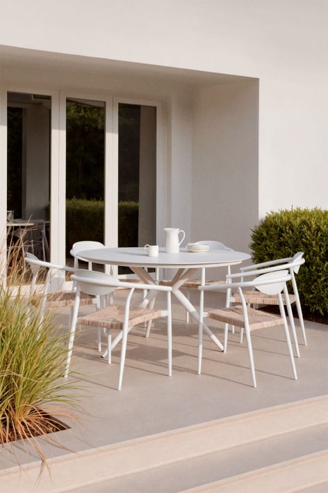 Set de mesa redonda Ø125 cm en aluminio Valerie y 6 sillas de jardín con reposabrazos en aluminio y ratán sintético Marsha