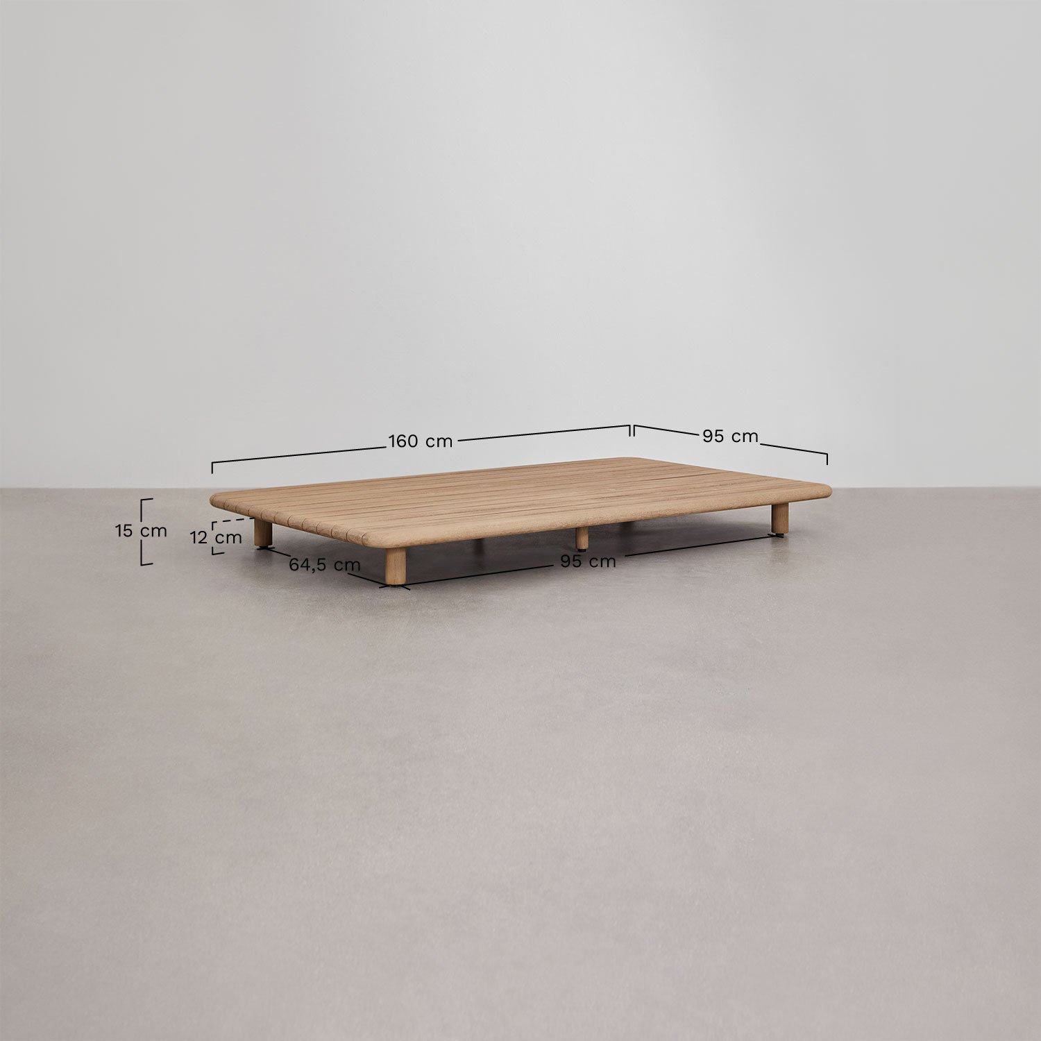 Conjunto de jardín con sofá modular de 2 piezas con mesa auxiliar, sillón y mesa de centro 160x95 cm en acacia Portet, medidas