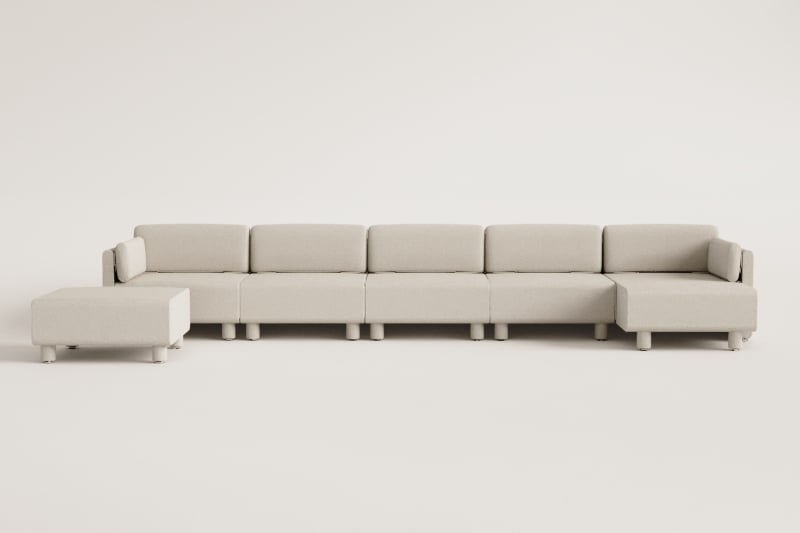 Sofá modular chaise longue derecho de 5 piezas y puff en tela bouclé Artemisa