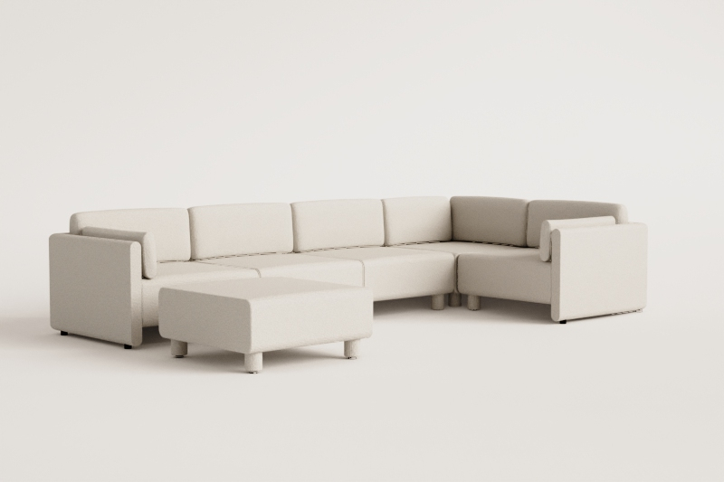 Sofá modular rinconera derecha de 5 piezas y puff en tela bouclé Artemisa