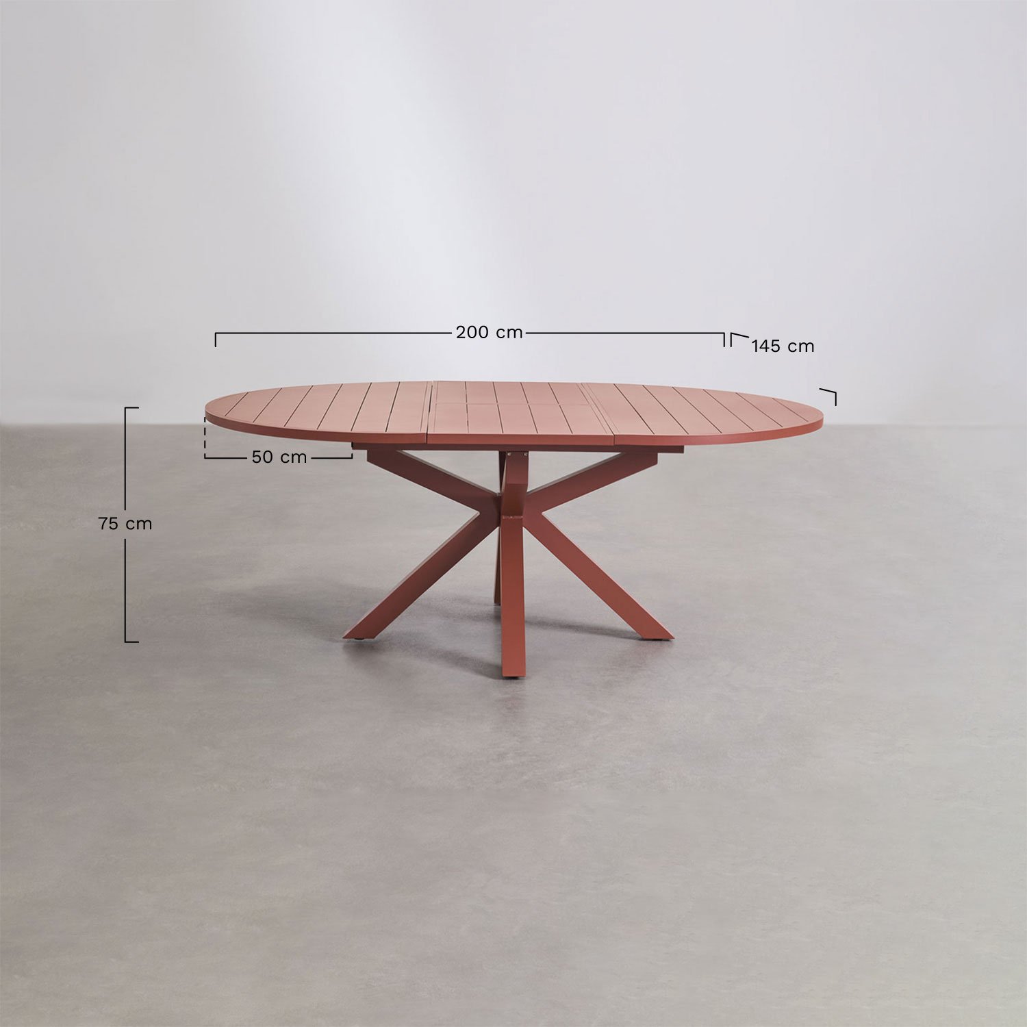 Set de mesa extensible redonda 145-200x145 cm Barces y 6 sillas de jardín apilables con reposabrazos en aluminio Amatria, medidas