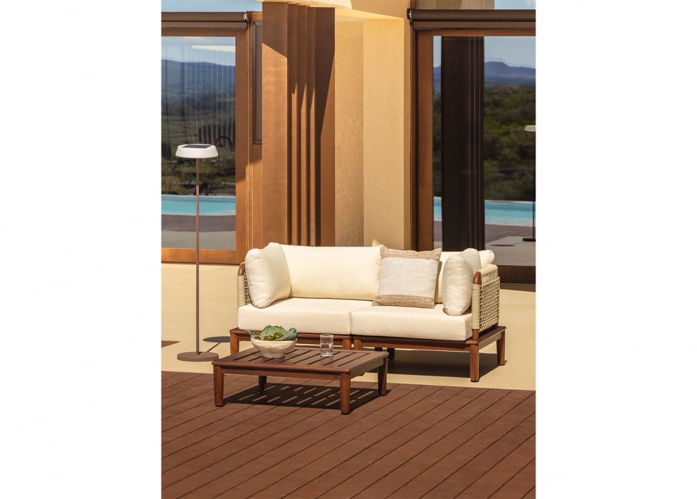 Conjunto de jardín con sofá modular de 2 piezas, 2 sillones esquineros y mesa de centro en acacia Giulia