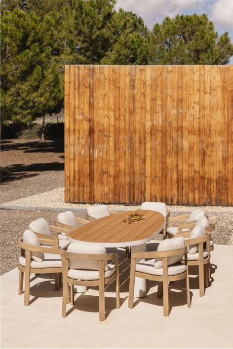 Set de mesa ovalada 260x110 cm en aluminio y madera de teca Taneli y 10 sillas de jardín en madera de acacia Uleno