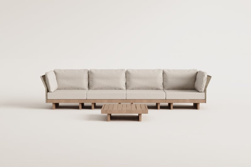 Conjunto de salón con sofá modular de 4 piezas con 2 sillones esquineros y mesa de centro en madera de acacia Dailin