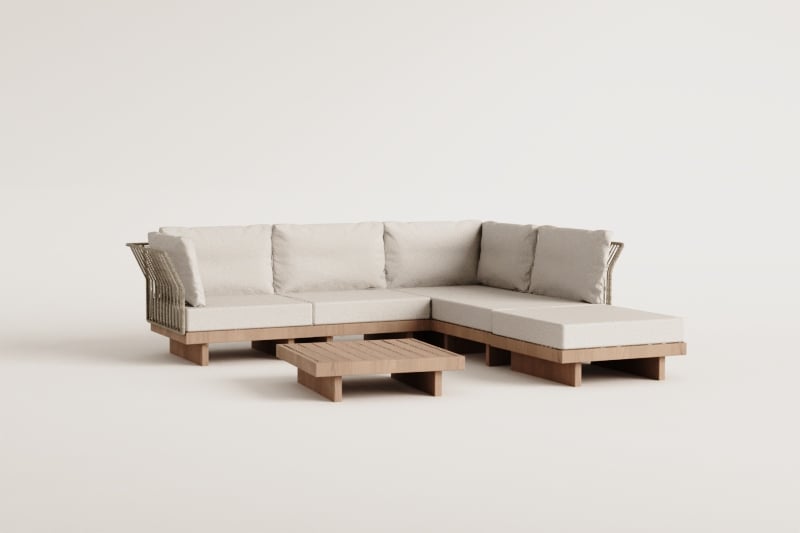 Conjunto de jardín con sofá modular rinconera de 4 piezas, mesa de centro y puff en madera de acacia Dailin