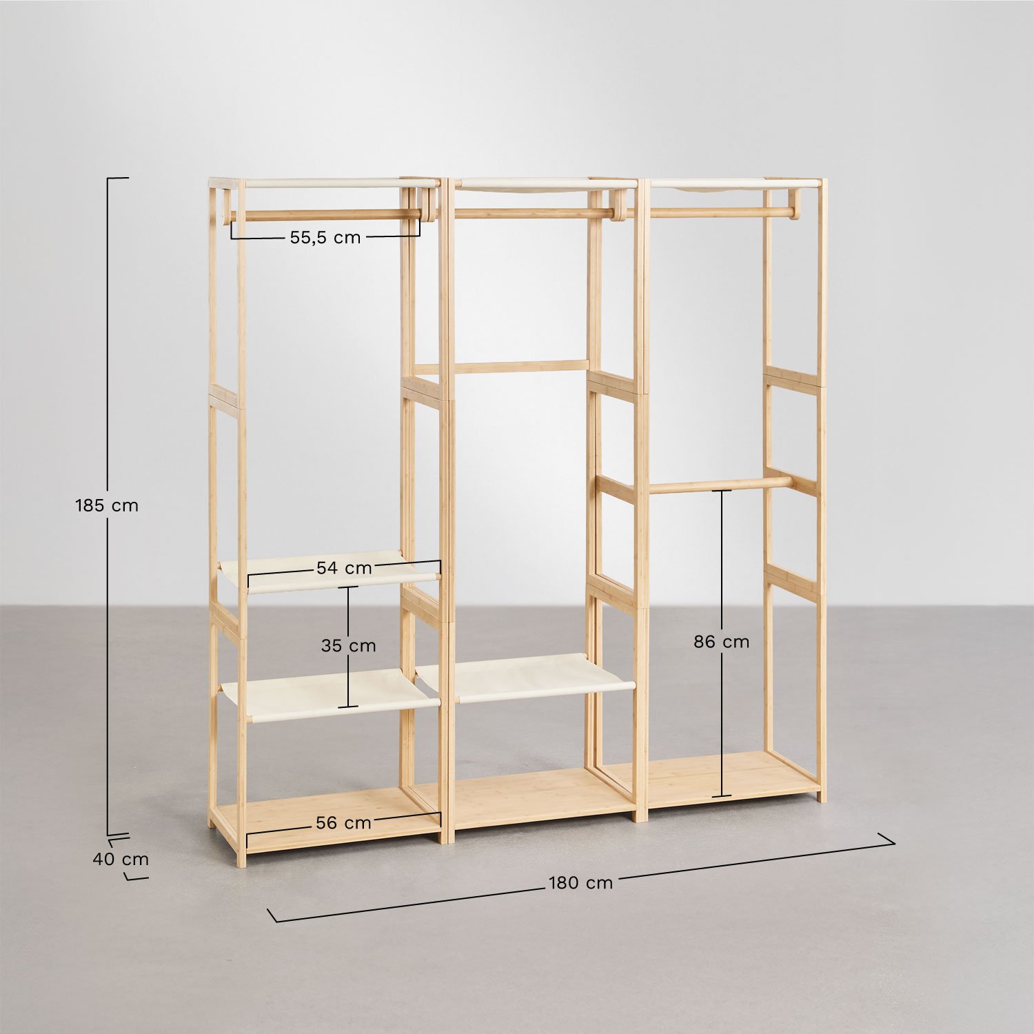 Armario modular abierto de 3 piezas con perchero en bambú Deneb, medidas