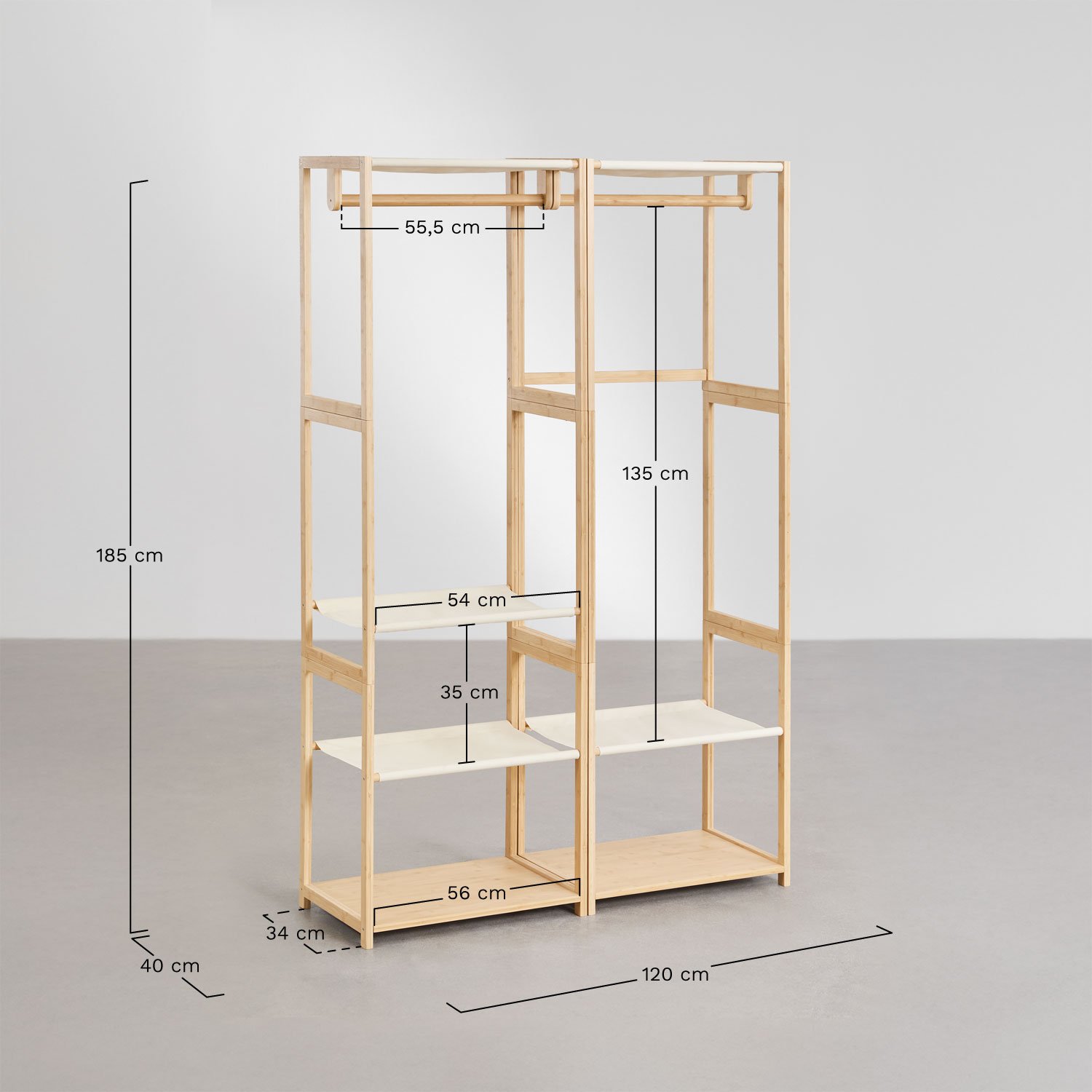 Armario modular abierto de 2 piezas en bambú Deneb, medidas