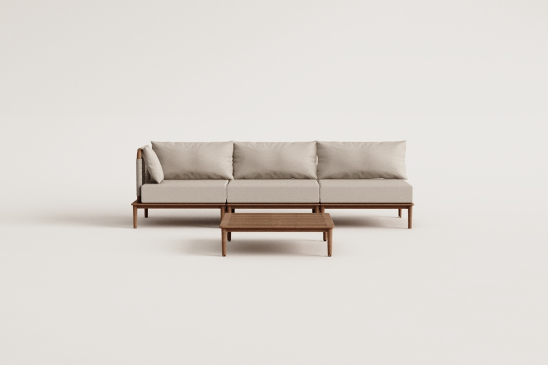Conjunto de salón con sofá modular esquinero de 3 piezas y mesa de centro en acacia Giulia