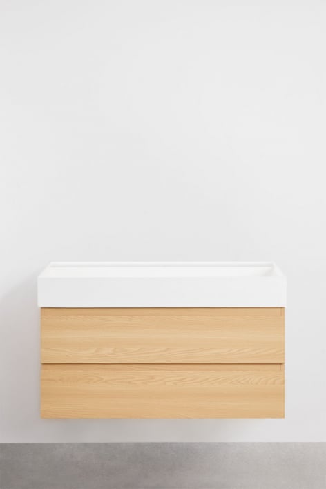 Conjunto de mueble de baño suspendido en madera y chapa de fresno con lavabo integrado Ona