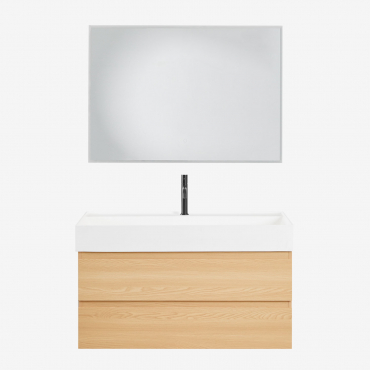 Conjunto De Mueble De Baño Suspendido En Madera Y Chapa De Fresno Con Lavabo Integrado Ona Madera Natural & Rectangular Led Y Antivaho 100x70 - Sklum