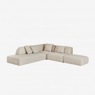 Sofá Modular Esquinero De 3 Piezas Con Diván Izquierdo Y Puff Tapizado Cardea Bouclé Beige Crema - Sklum
