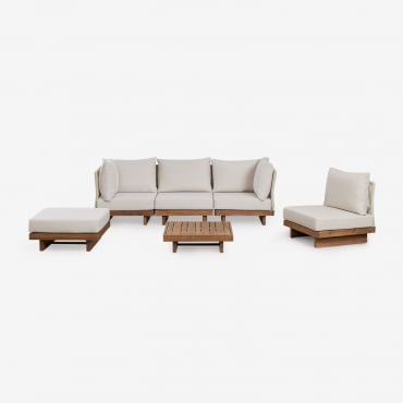 Conjunto De Jardín Con Sofá Modular Rinconera De 4 Piezas, Mesa De Centro Y Puff En Madera De Acacia Dailin Marrón Acacia - Sklum