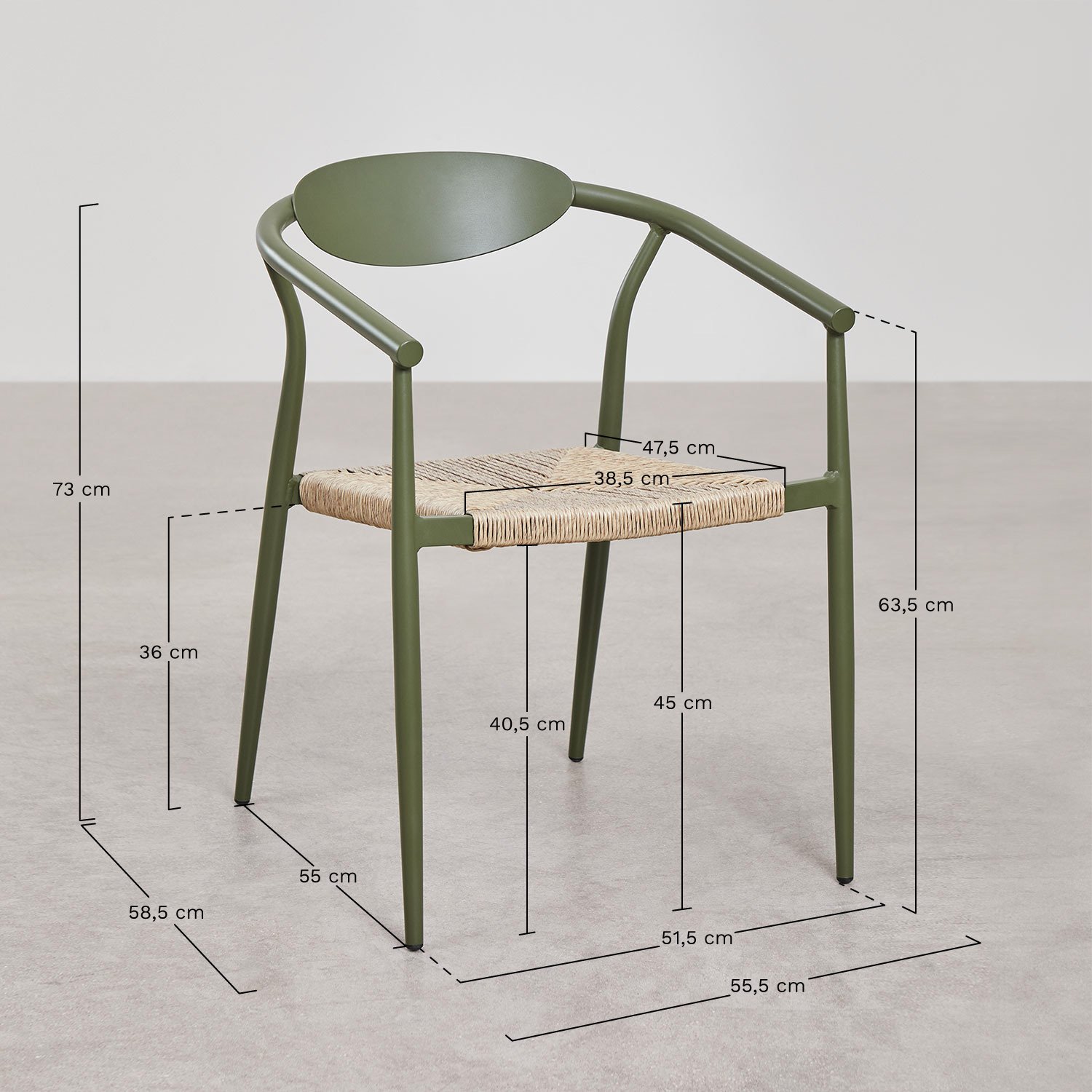 Set de mesa redonda Ø120 cm en cemento Noemi y 4 sillas de jardín con reposabrazos en aluminio y ratán sintético Marsha, medidas