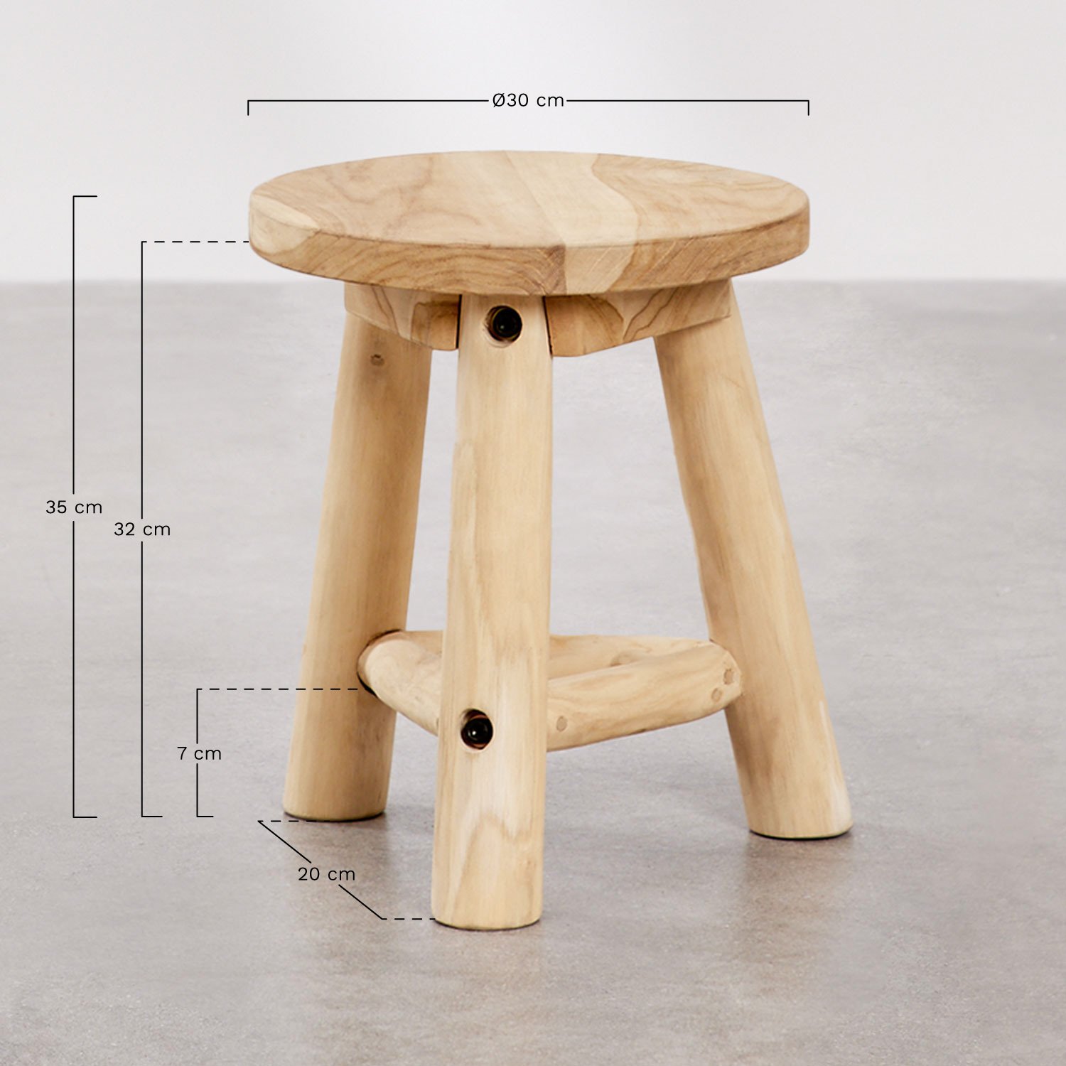 Taburete bajo en madera de teca Narel, medidas