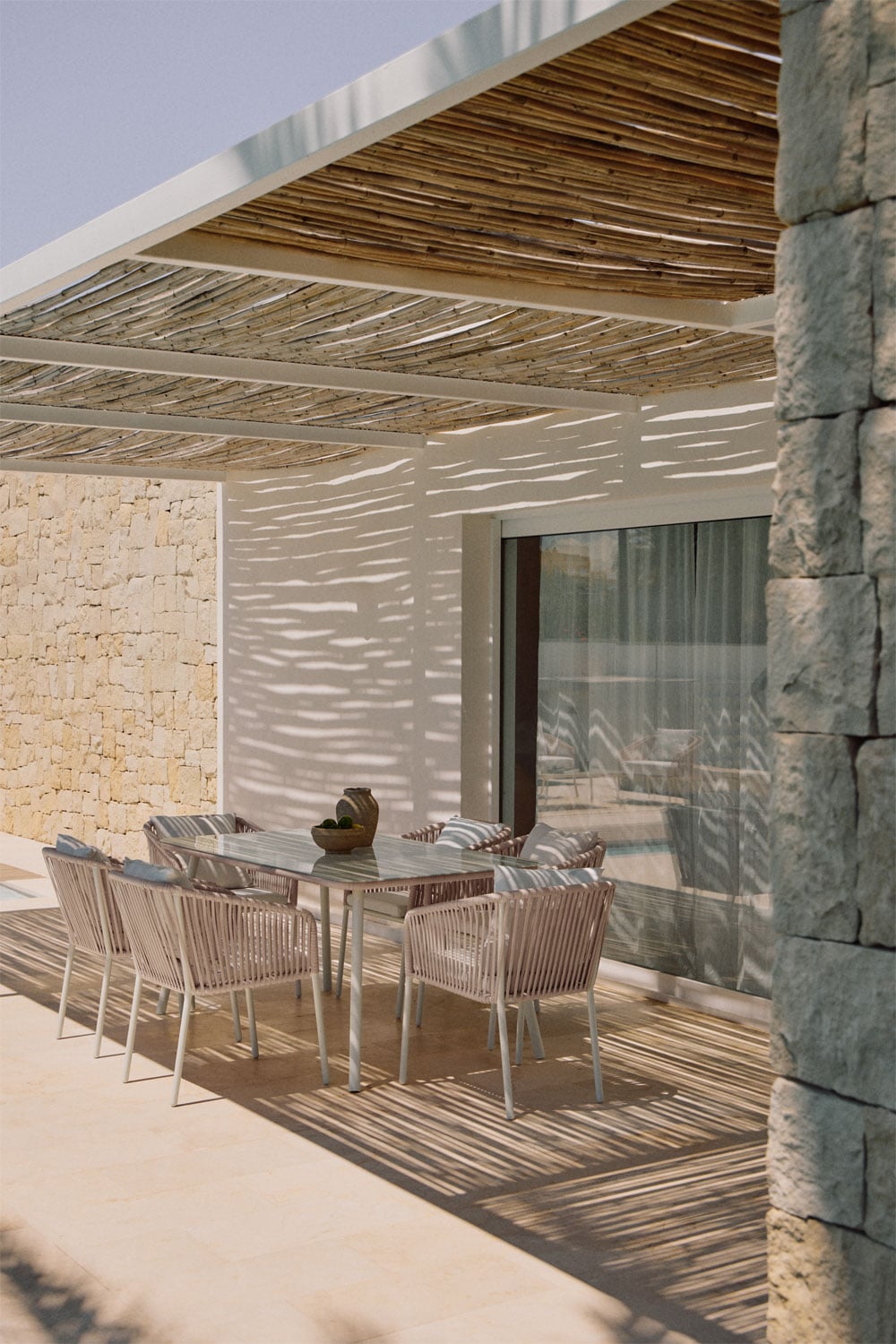 conjunto comedor exterior cuerda, sillas terraza diseño