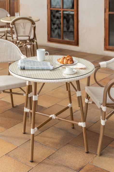 Mesa de jardín redonda Ø80 cm en aluminio y ratán sintético Brielle Bistro - Blanco Gardenia