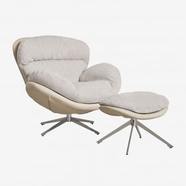 Sillón Con Reposapiés Giratorios En Tela Bouclé Amanda Bouclé Blanco Roto - Sklum