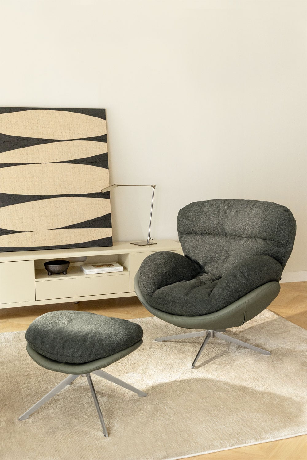 Sillón Relax Giratorio con Reposapiés de Tela Bouclé Gris Amanda