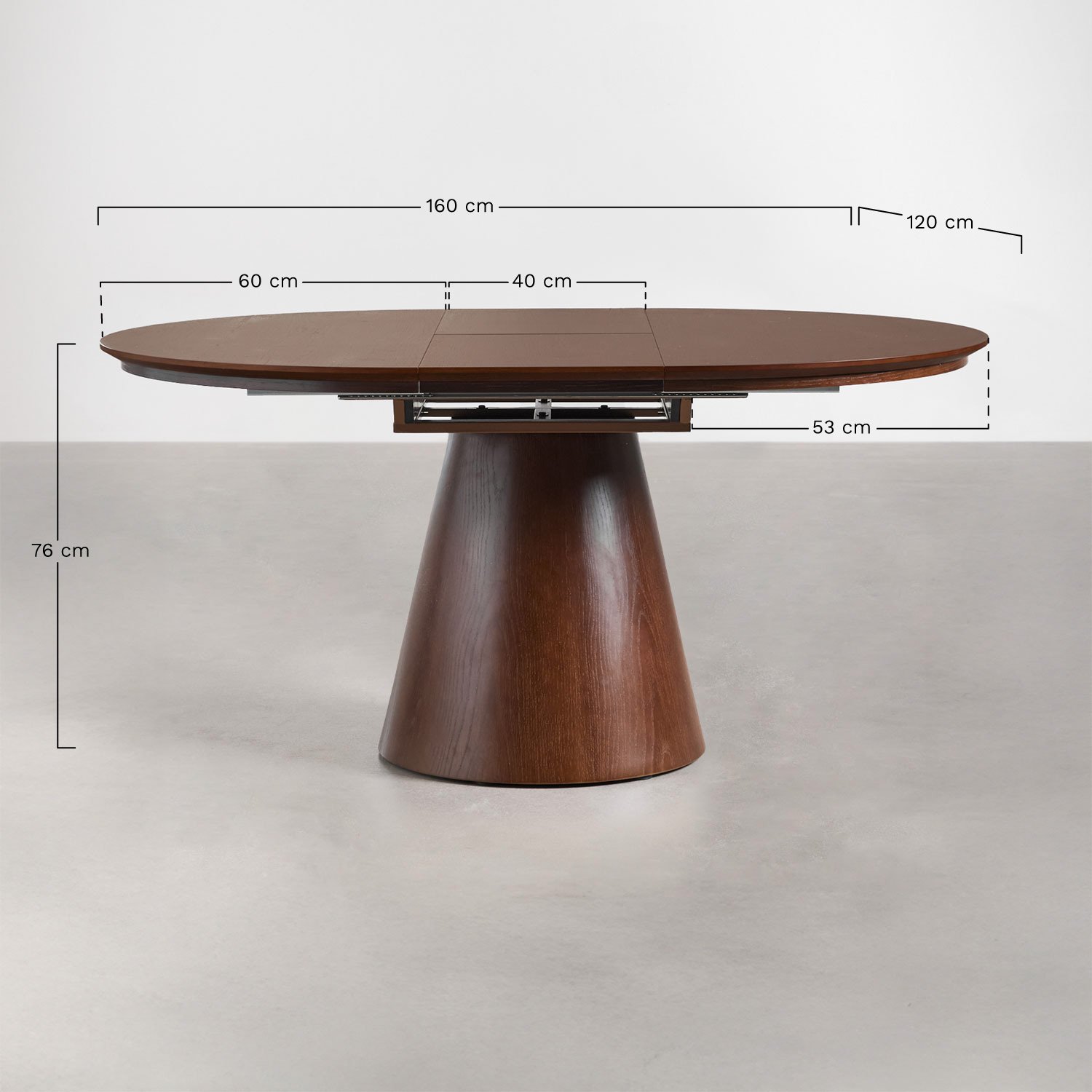 Mesa de comedor redonda 120-160x120 cm extensible en MDF y chapa de roble Montana, medidas