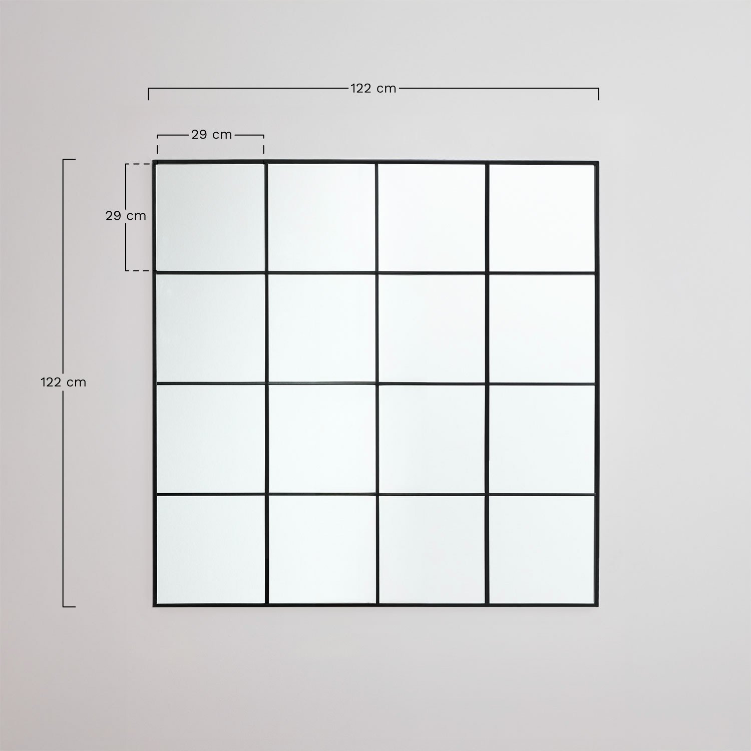 Espejo de pared en metal efecto ventana 122x122 cm Sofi, medidas