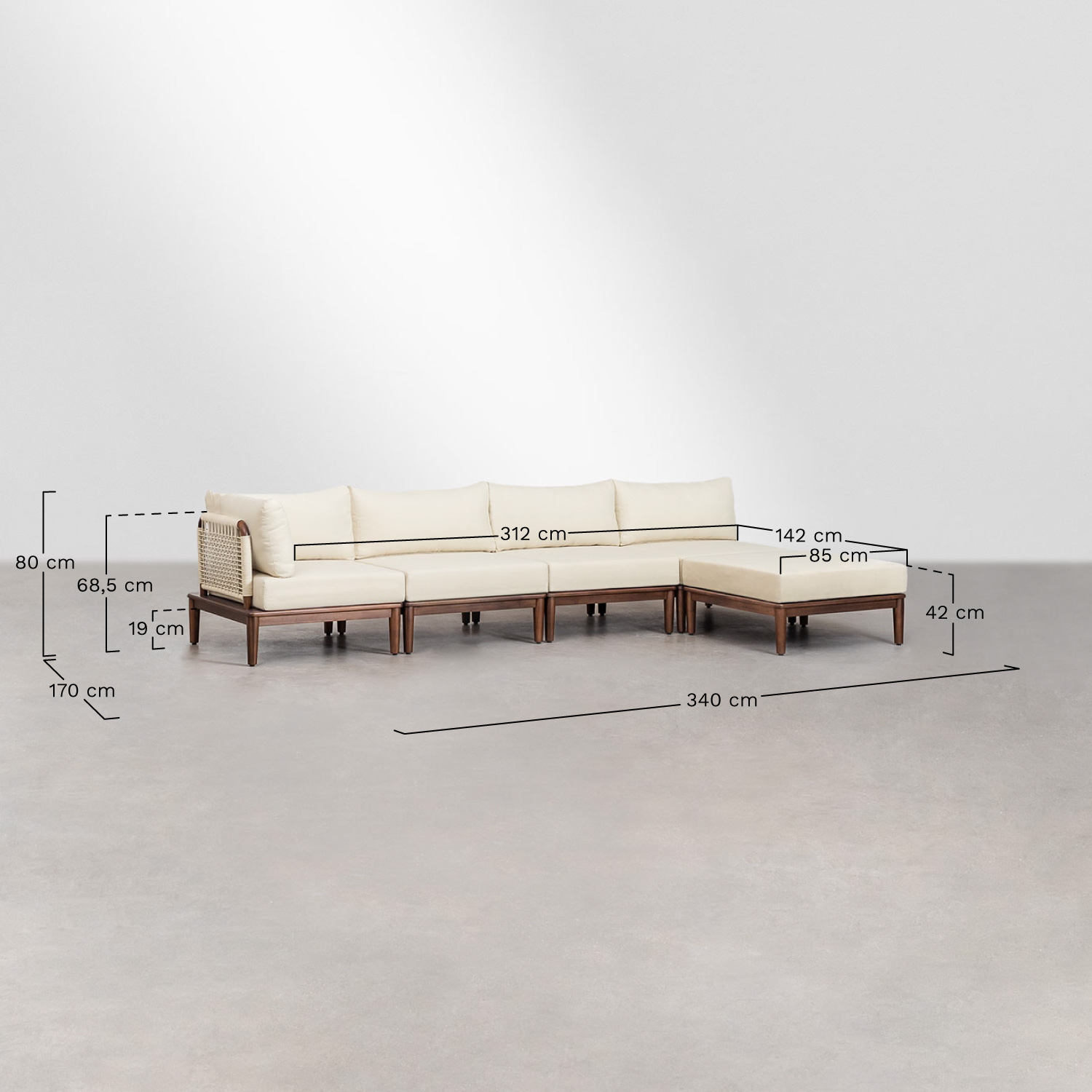 Sofá modular esquinero de 4 piezas y puff en acacia Giulia, medidas