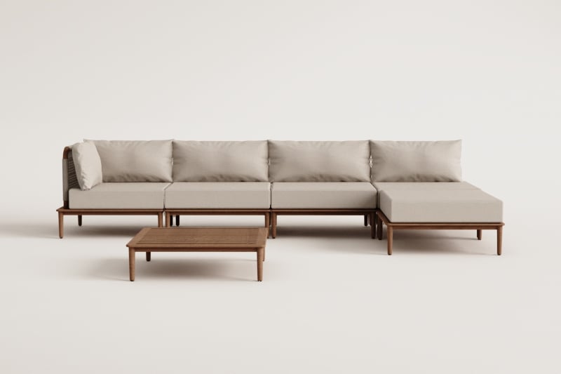 Conjunto de salón con sofá modular esquinero de 4 piezas, mesa de centro y puff en acacia Giulia