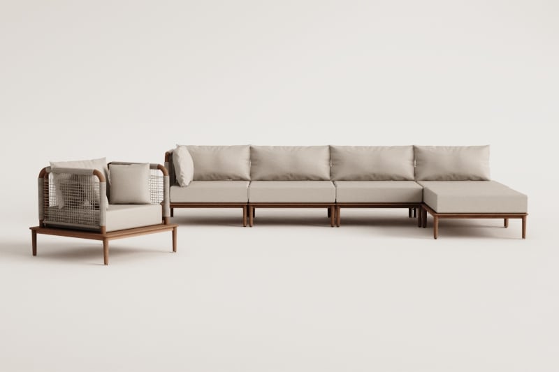 Conjunto de salón con sofá modular esquinero de 4 piezas con puff y sillón en acacia Giulia