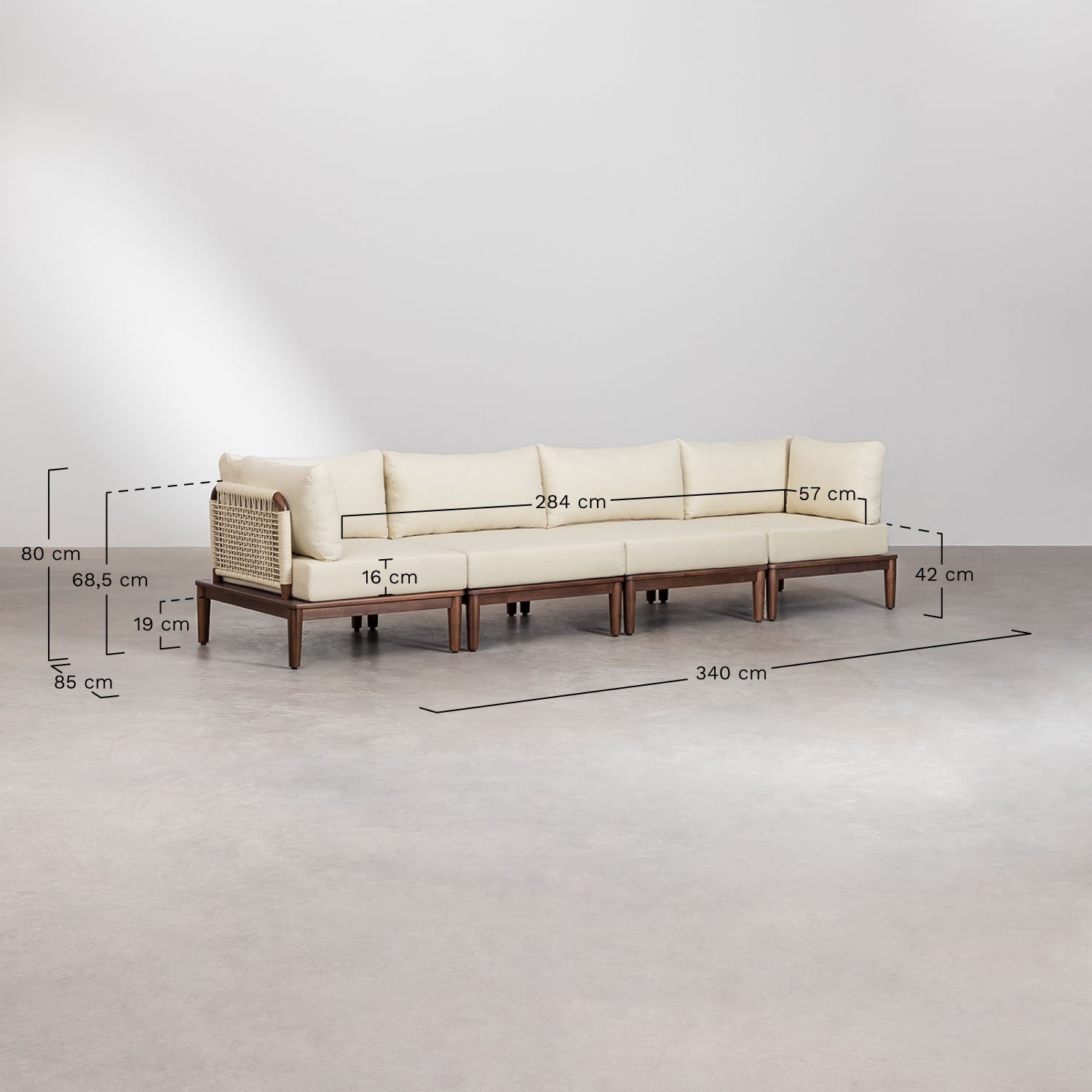 Sofá modular de 4 piezas con 2 sillones esquineros en acacia Giulia , medidas