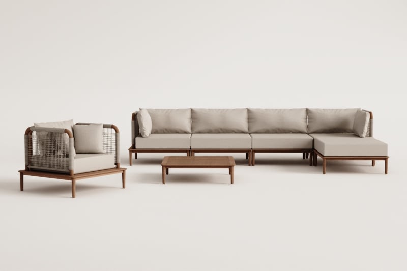 Conjunto de salón con sofá modular 4 piezas con 2 sillones esquineros, mesa de centro, puff y sillón en acacia Giulia