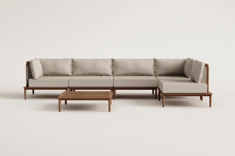 Conjunto de salón con sofá modular rinconera de 5 piezas y mesa de centro en acacia Giulia